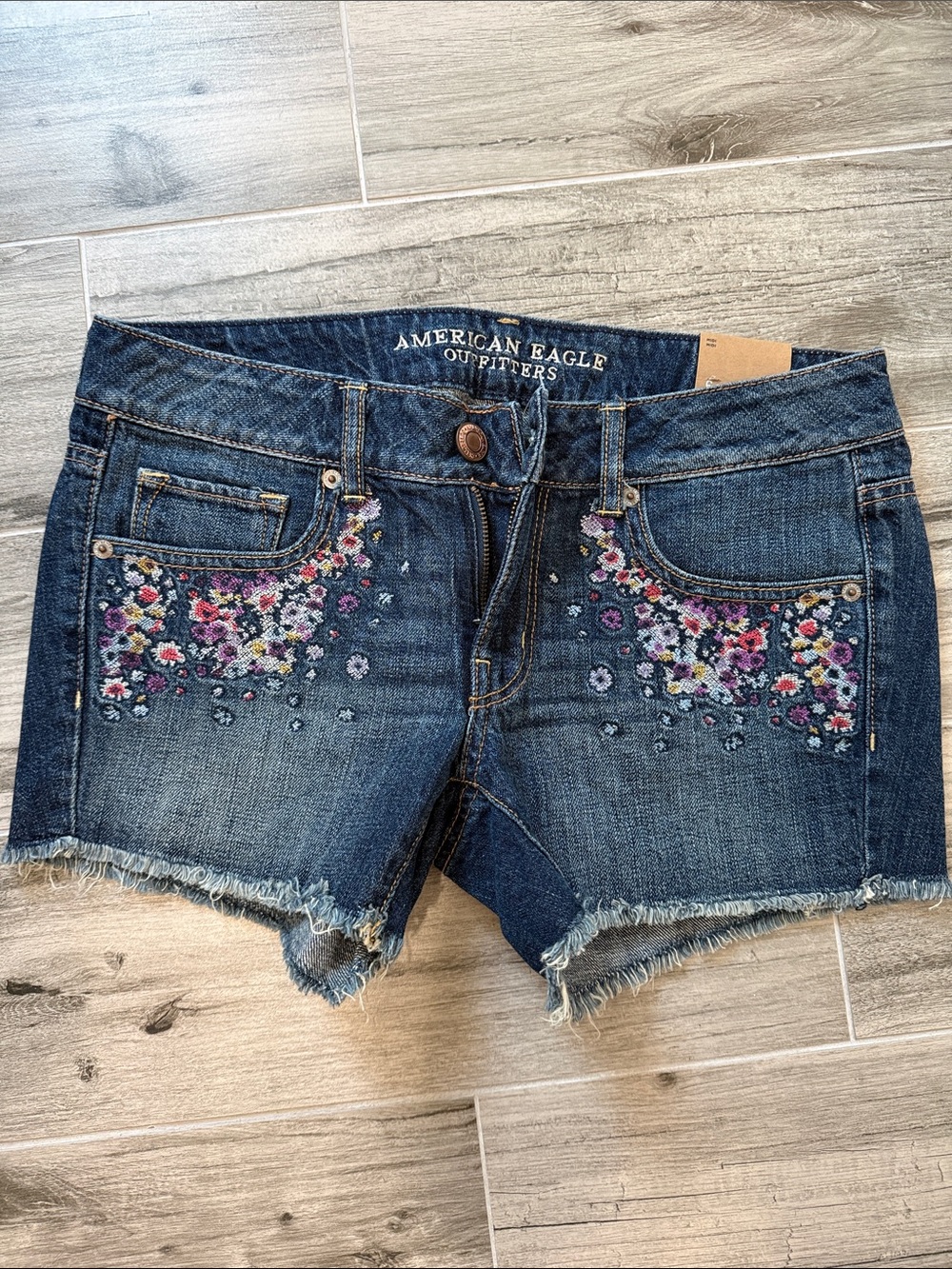 American Eagle Outfitters Dark Blue Denim Shorts with Floral Embroidery